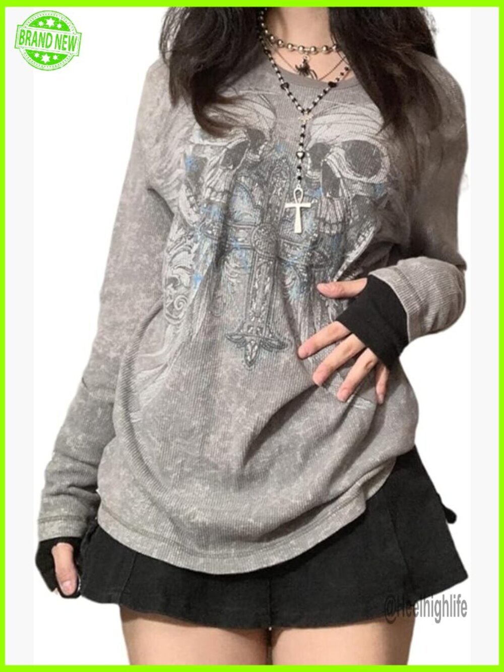 Vintage Fairy Grunge Skull Graphic Long Sleeve Tee